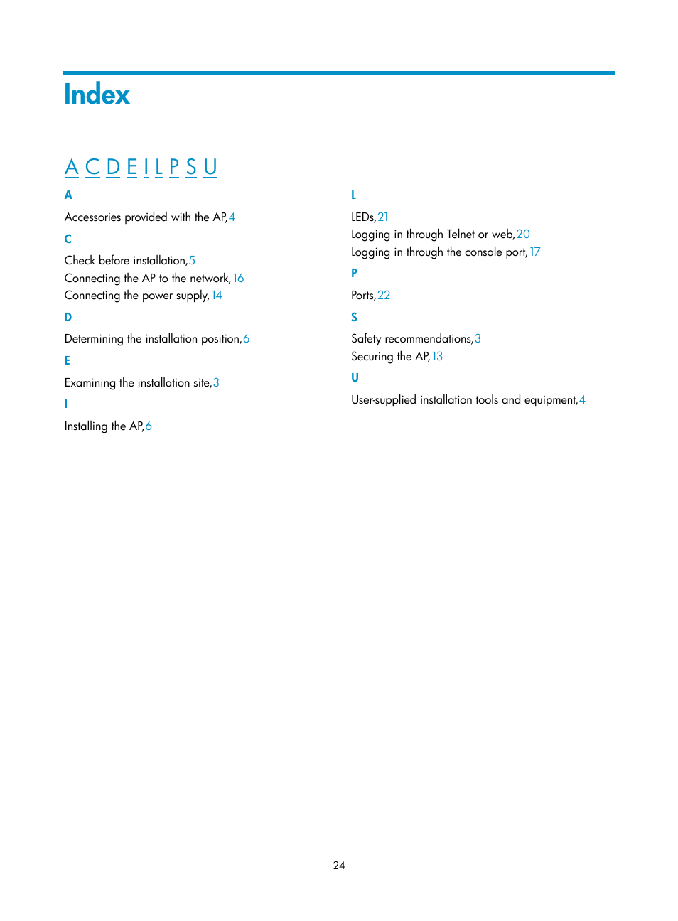 Index | H3C Technologies H3C WA3600 Series Access Points User Manual | Page 29 / 29