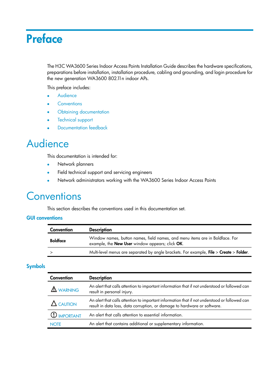 Preface, Audience, Conventions | Gui conventions, Symbols | H3C Technologies H3C WA3600 Series Access Points User Manual | Page 3 / 29