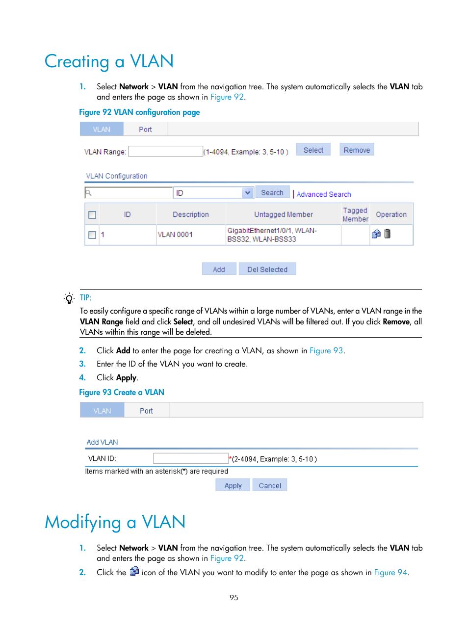 Creating a vlan, Modifying a vlan, Modifying a | Vlan | H3C Technologies H3C WA3600 Series Access Points User Manual | Page 108 / 447