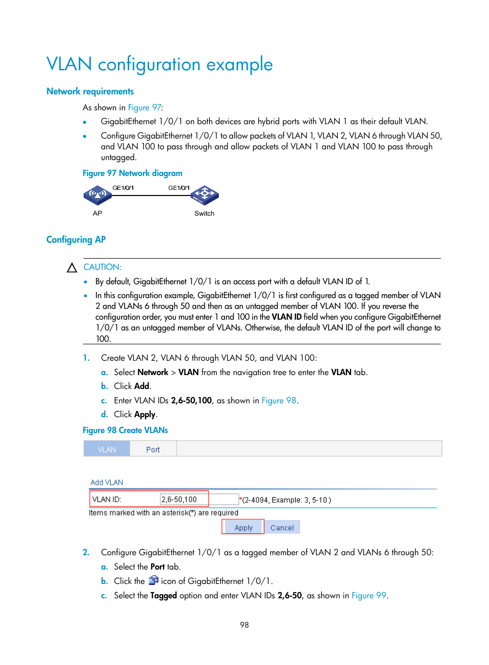 Vlan configuration example, Network requirements, Configuring ap | H3C Technologies H3C WA3600 Series Access Points User Manual | Page 111 / 447