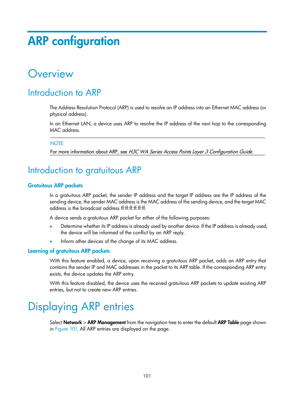 Arp configuration, Overview, Introduction to arp | Introduction to gratuitous arp, Gratuitous arp packets, Learning of gratuitous arp packets, Displaying arp entries | H3C Technologies H3C WA3600 Series Access Points User Manual | Page 114 / 447