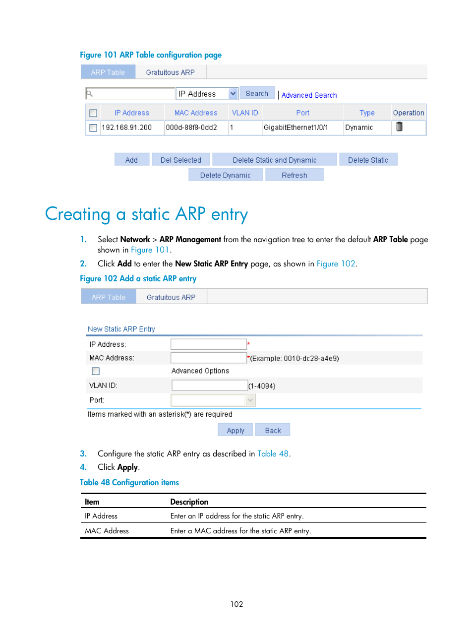 Creating a static arp entry | H3C Technologies H3C WA3600 Series Access Points User Manual | Page 115 / 447