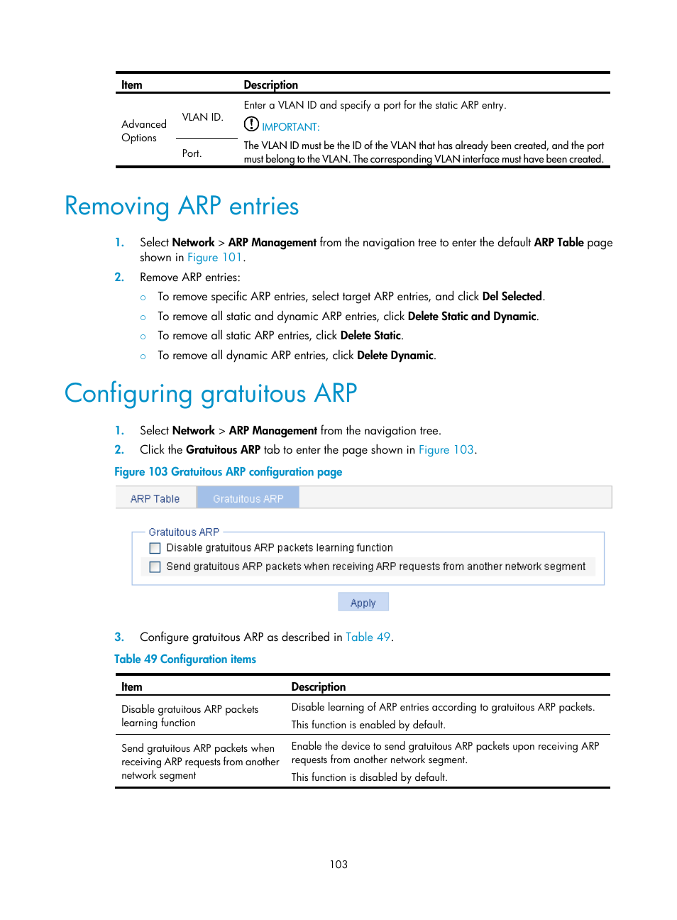 Removing arp entries, Configuring gratuitous arp | H3C Technologies H3C WA3600 Series Access Points User Manual | Page 116 / 447