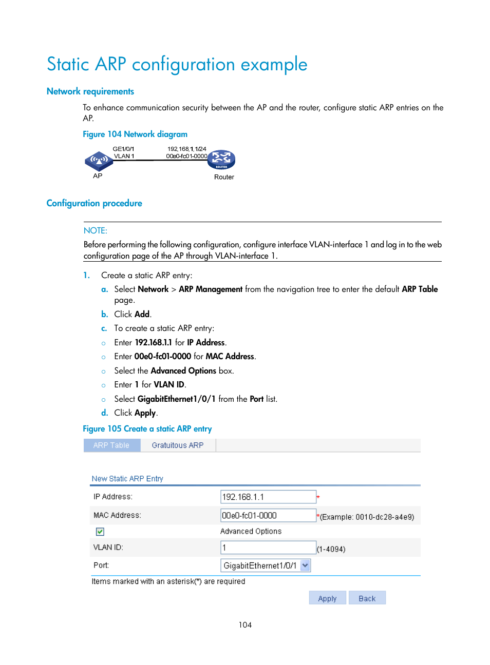 Static arp configuration example, Network requirements, Configuration procedure | H3C Technologies H3C WA3600 Series Access Points User Manual | Page 117 / 447