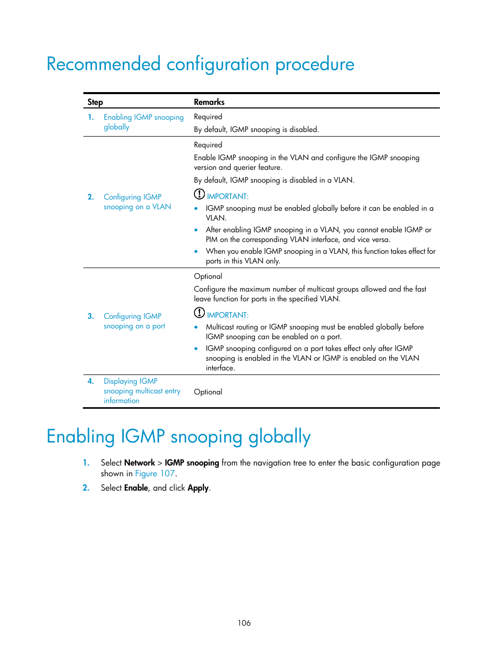 Recommended configuration procedure, Enabling igmp snooping globally | H3C Technologies H3C WA3600 Series Access Points User Manual | Page 119 / 447