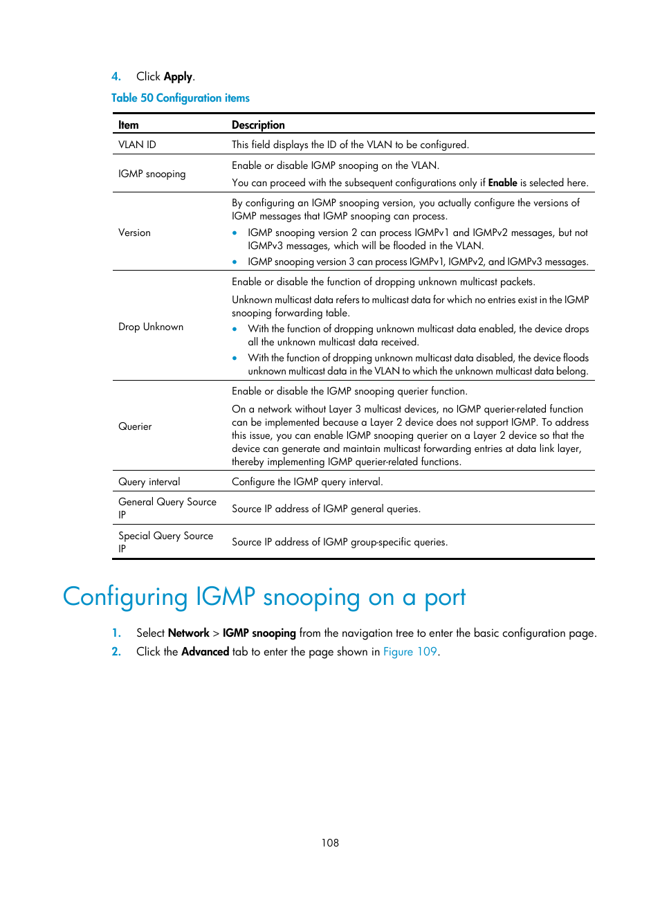 Configuring igmp snooping on a port, Configuring igmp, Snooping on a port | Table 50 | H3C Technologies H3C WA3600 Series Access Points User Manual | Page 121 / 447