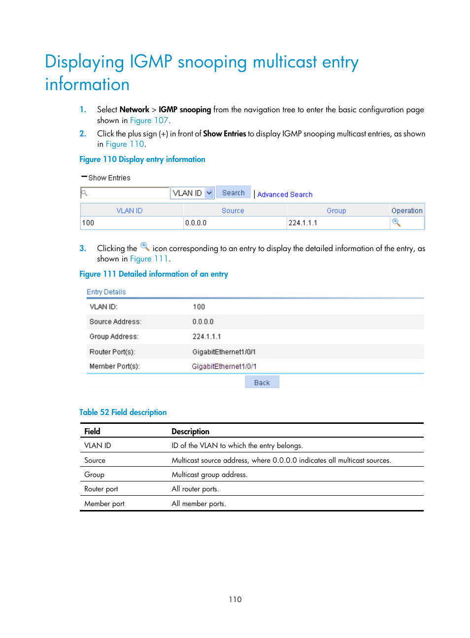 Displaying igmp, Snooping multicast entry information | H3C Technologies H3C WA3600 Series Access Points User Manual | Page 123 / 447