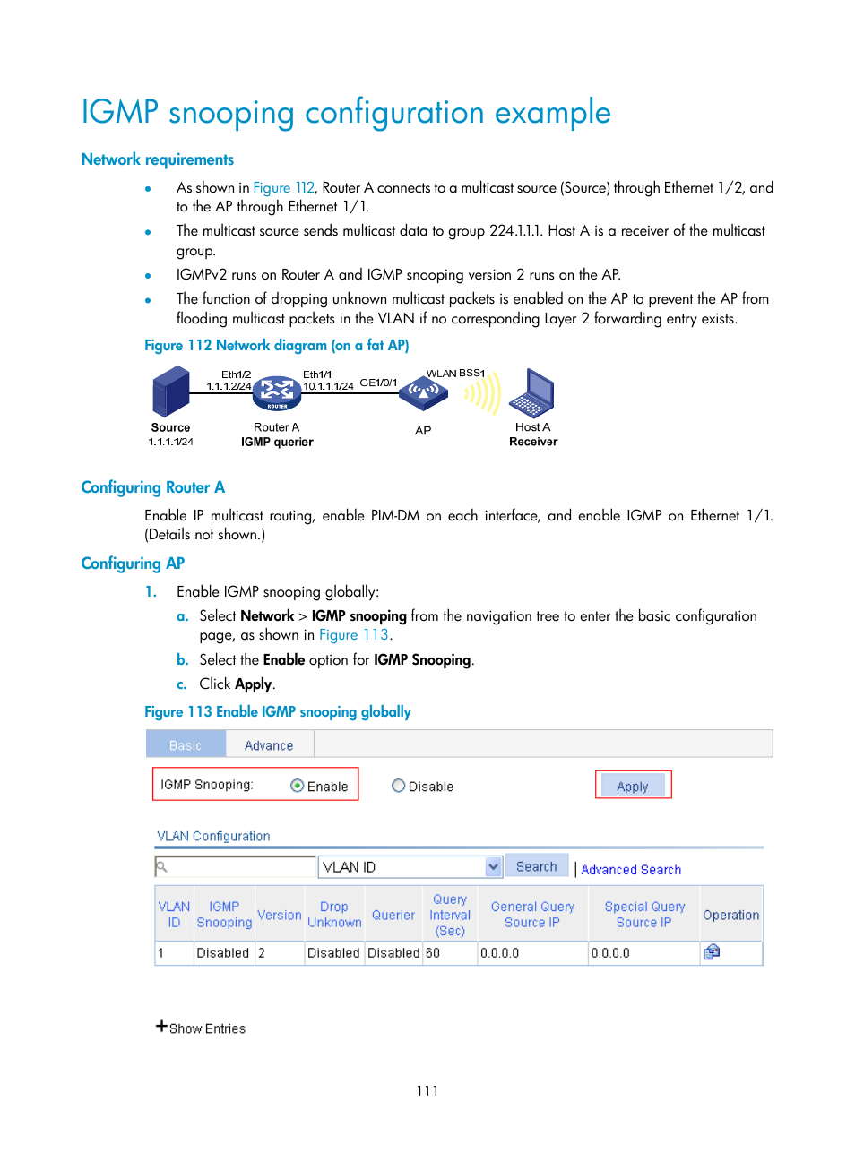 Igmp snooping configuration example, Network requirements, Configuring router a | Configuring ap | H3C Technologies H3C WA3600 Series Access Points User Manual | Page 124 / 447