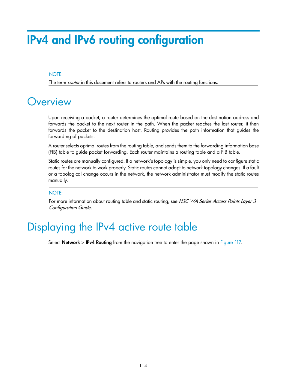 Ipv4 and ipv6 routing configuration, Overview, Displaying the ipv4 active route table | H3C Technologies H3C WA3600 Series Access Points User Manual | Page 127 / 447