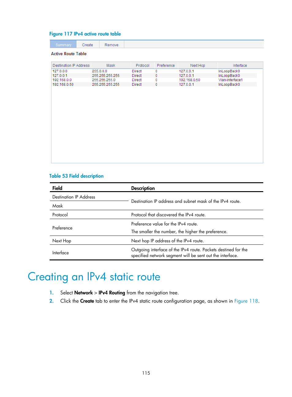 Creating an ipv4 static route | H3C Technologies H3C WA3600 Series Access Points User Manual | Page 128 / 447