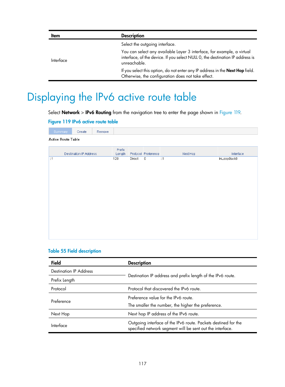 Displaying the ipv6 active route table | H3C Technologies H3C WA3600 Series Access Points User Manual | Page 130 / 447