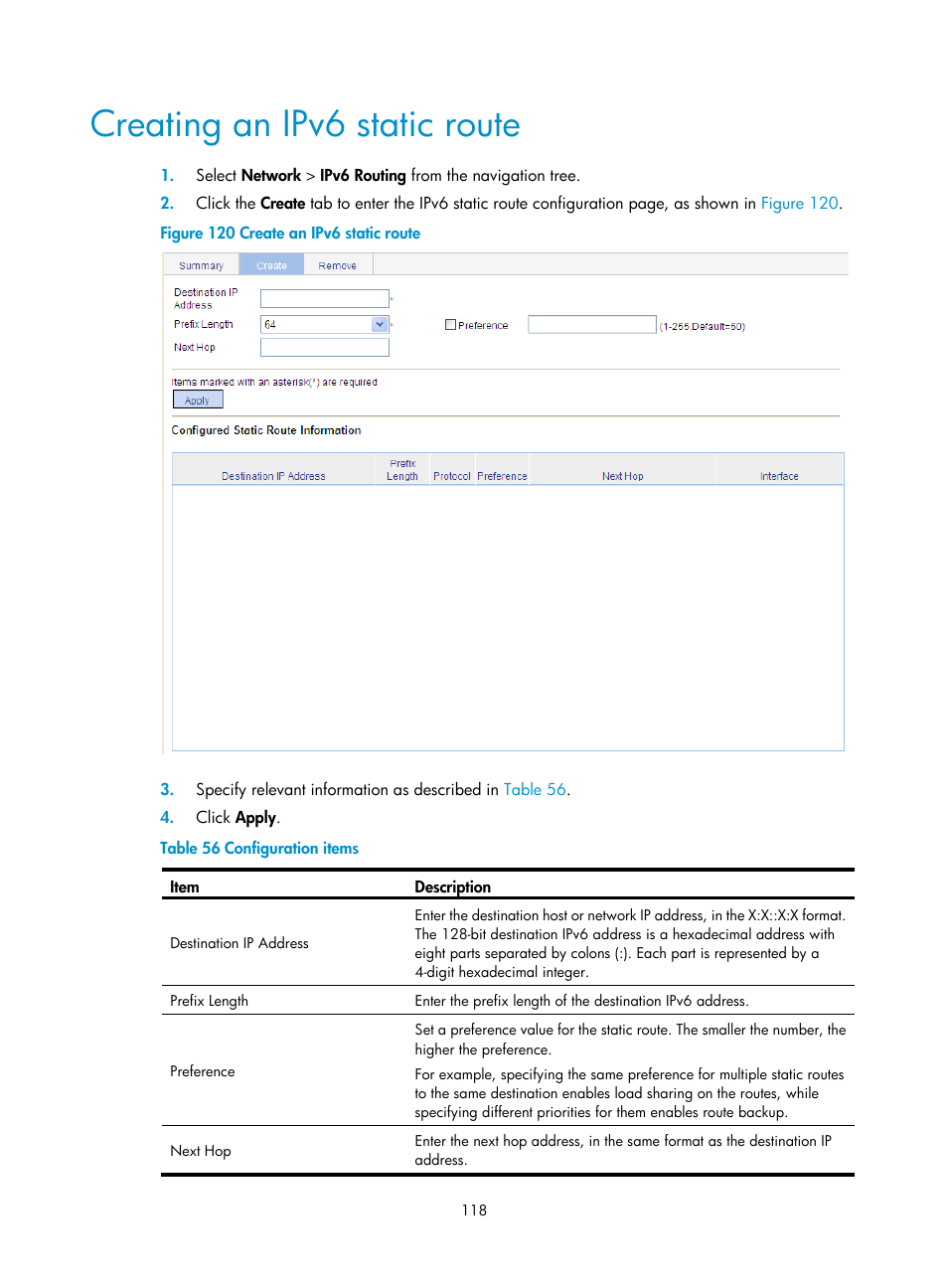 Creating an ipv6 static route | H3C Technologies H3C WA3600 Series Access Points User Manual | Page 131 / 447