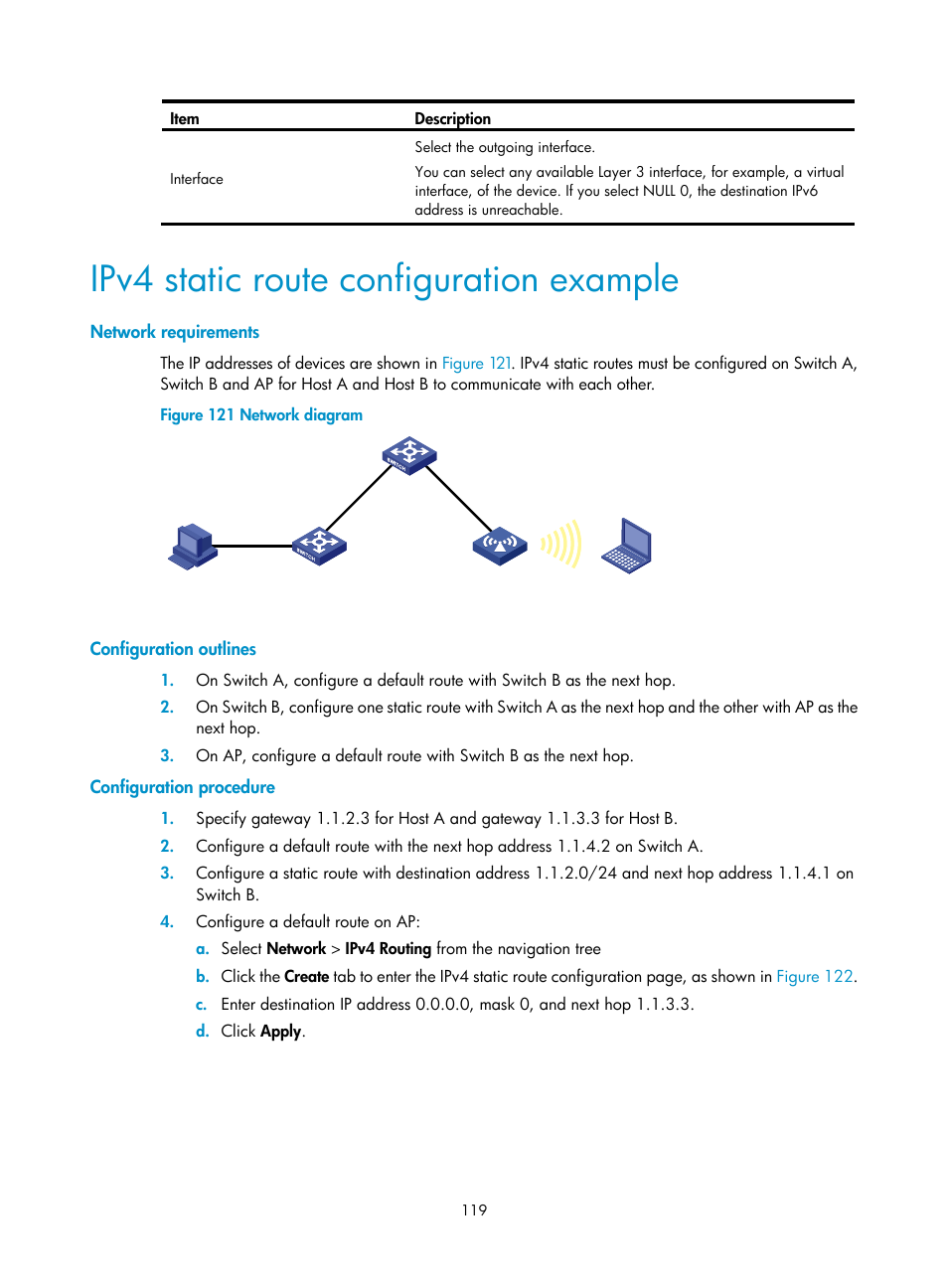 Ipv4 static route configuration example, Network requirements, Configuration outlines | Configuration procedure | H3C Technologies H3C WA3600 Series Access Points User Manual | Page 132 / 447