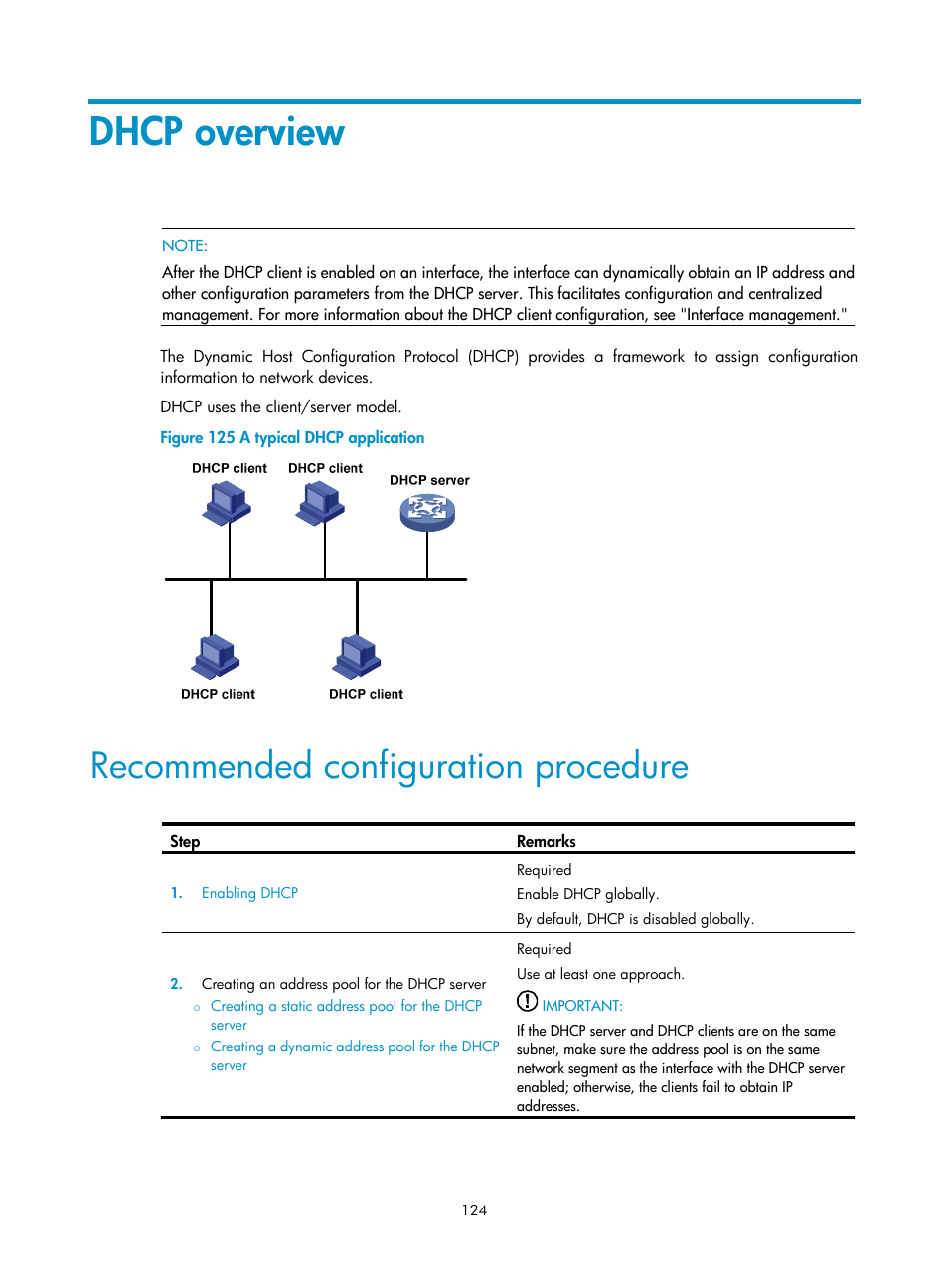 Dhcp overview, Recommended configuration procedure | H3C Technologies H3C WA3600 Series Access Points User Manual | Page 137 / 447