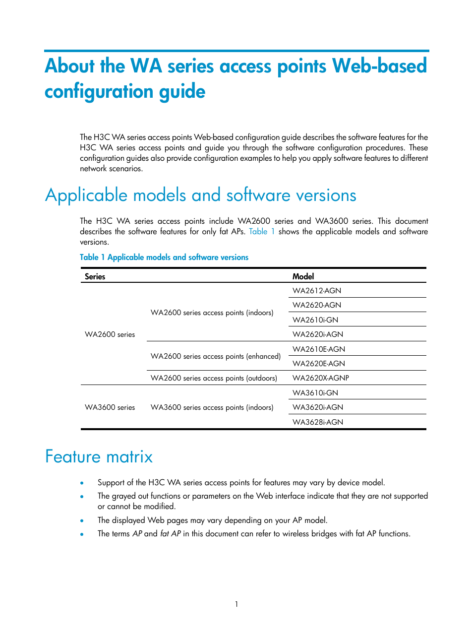 Applicable models and software versions, Feature matrix | H3C Technologies H3C WA3600 Series Access Points User Manual | Page 14 / 447