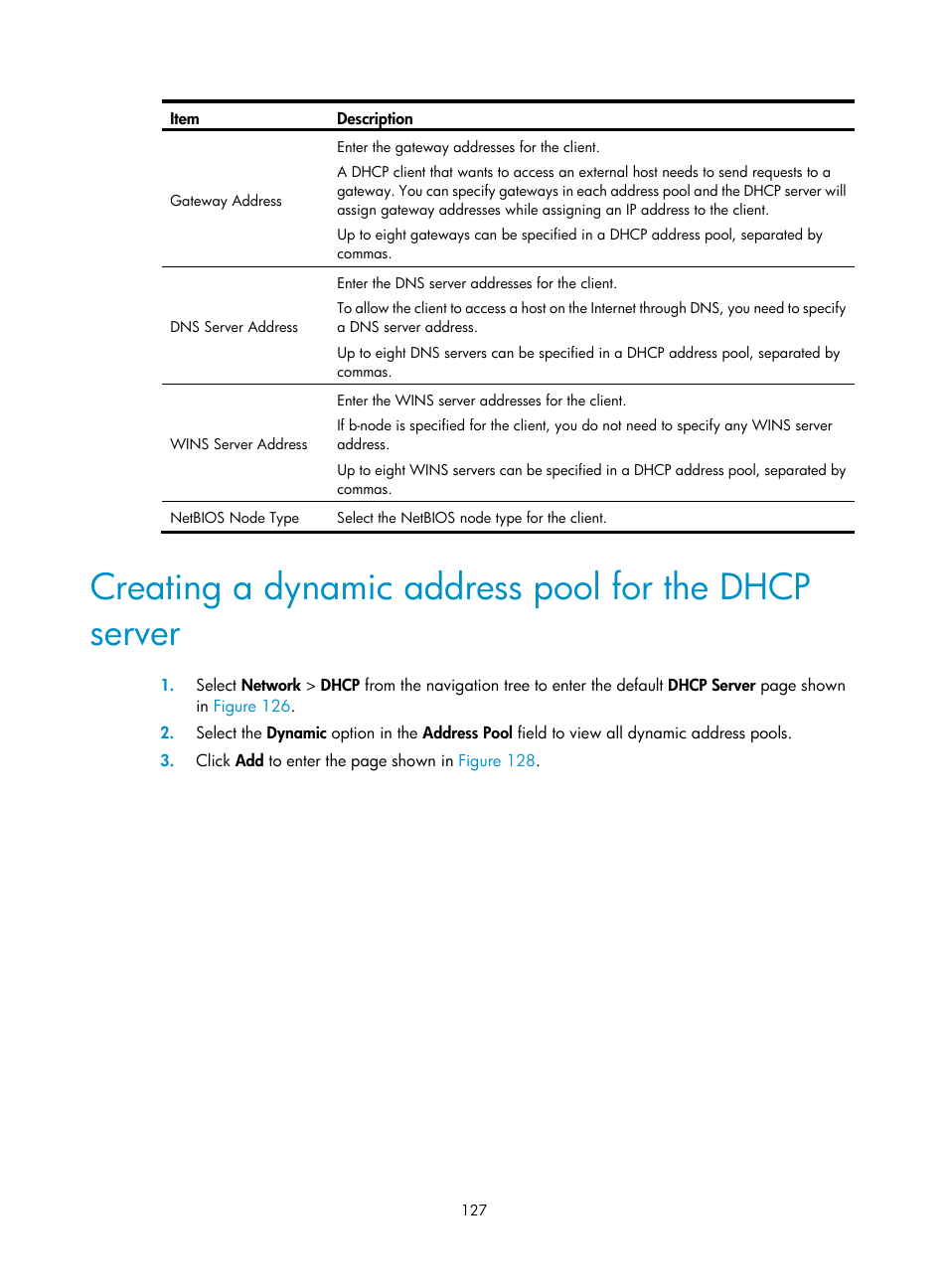 Creating a dynamic address pool for the dhcp, Server | H3C Technologies H3C WA3600 Series Access Points User Manual | Page 140 / 447