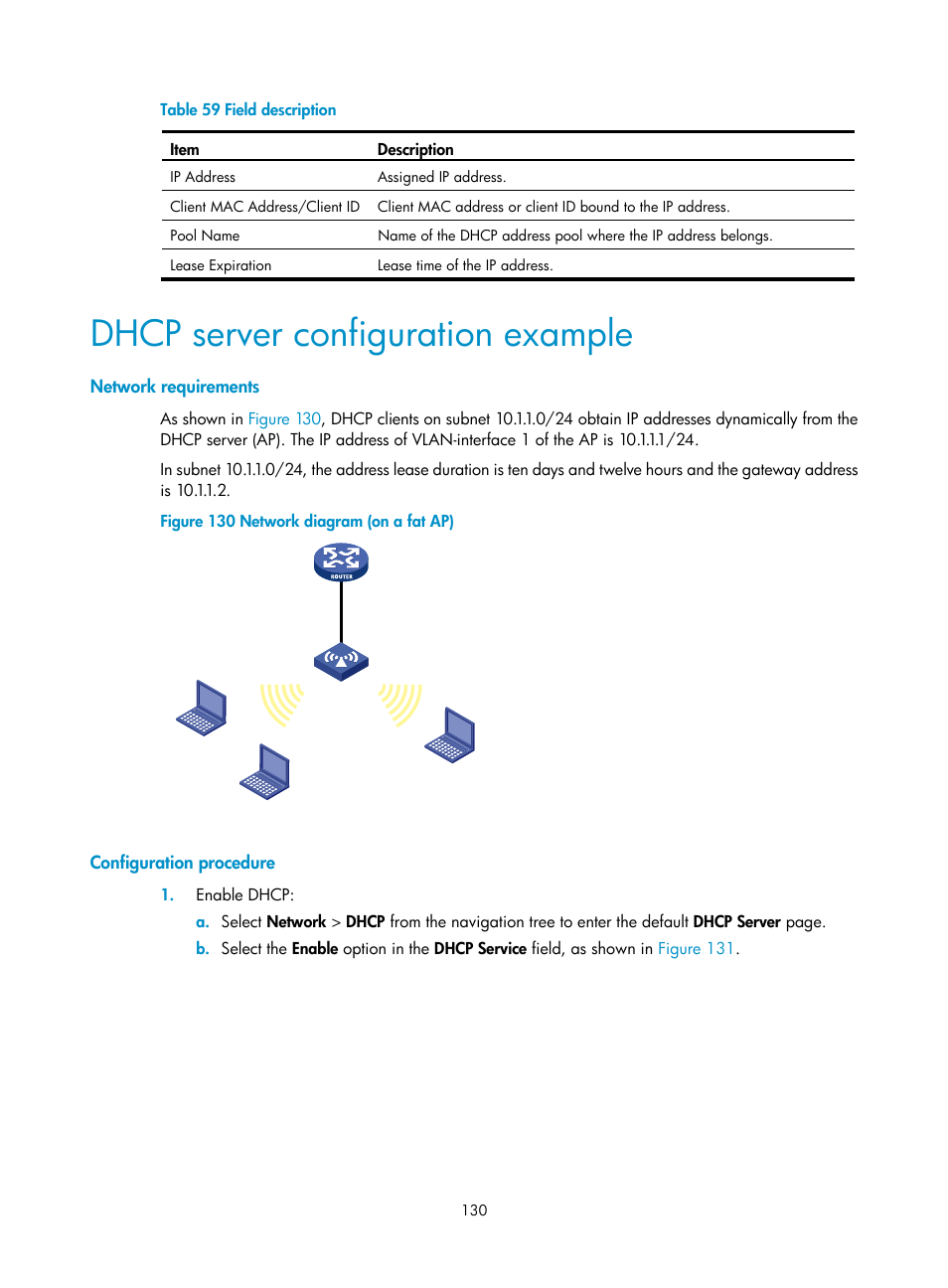 Dhcp server configuration example, Network requirements, Configuration procedure | H3C Technologies H3C WA3600 Series Access Points User Manual | Page 143 / 447