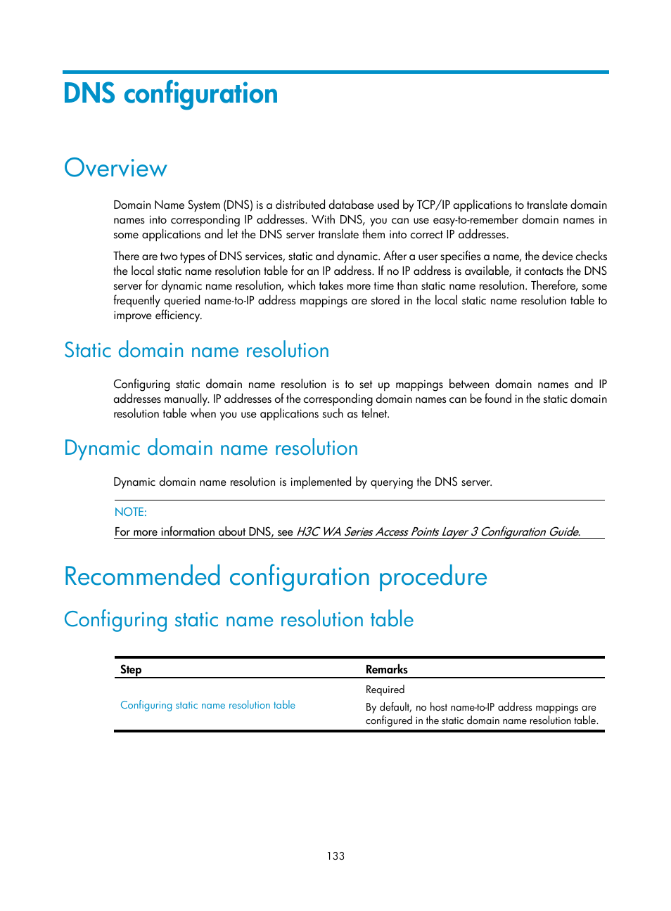 Dns configuration, Overview, Static domain name resolution | Dynamic domain name resolution, Recommended configuration procedure, Configuring static name resolution table | H3C Technologies H3C WA3600 Series Access Points User Manual | Page 146 / 447