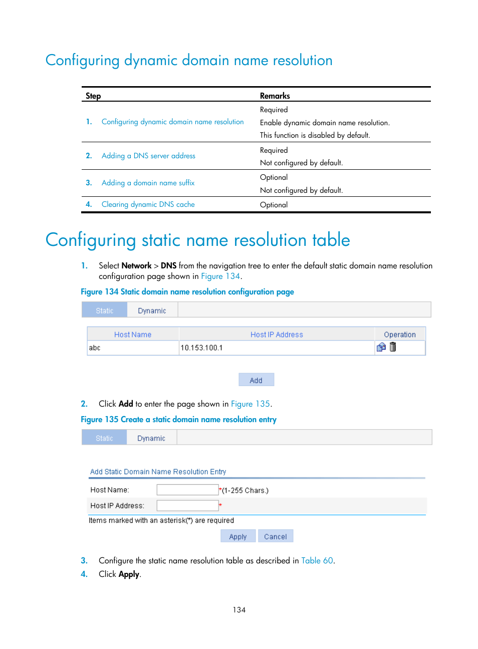 Configuring dynamic domain name resolution, Configuring static name resolution table | H3C Technologies H3C WA3600 Series Access Points User Manual | Page 147 / 447