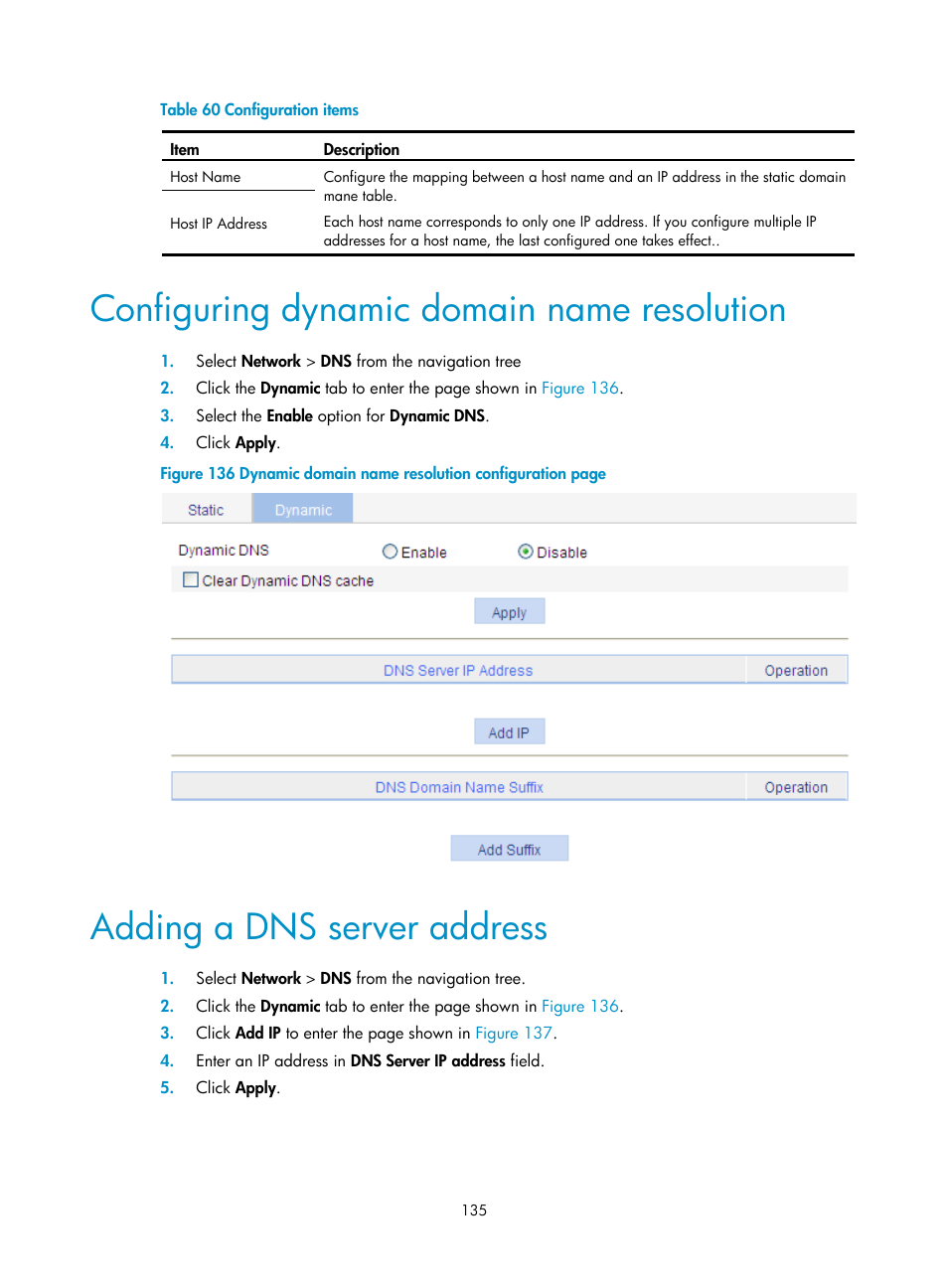 Configuring dynamic domain name resolution, Adding a dns server address, Table 60 | H3C Technologies H3C WA3600 Series Access Points User Manual | Page 148 / 447