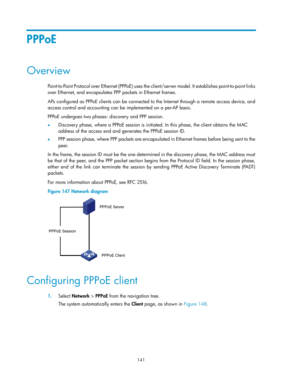 Pppoe, Overview, Configuring pppoe client | H3C Technologies H3C WA3600 Series Access Points User Manual | Page 154 / 447