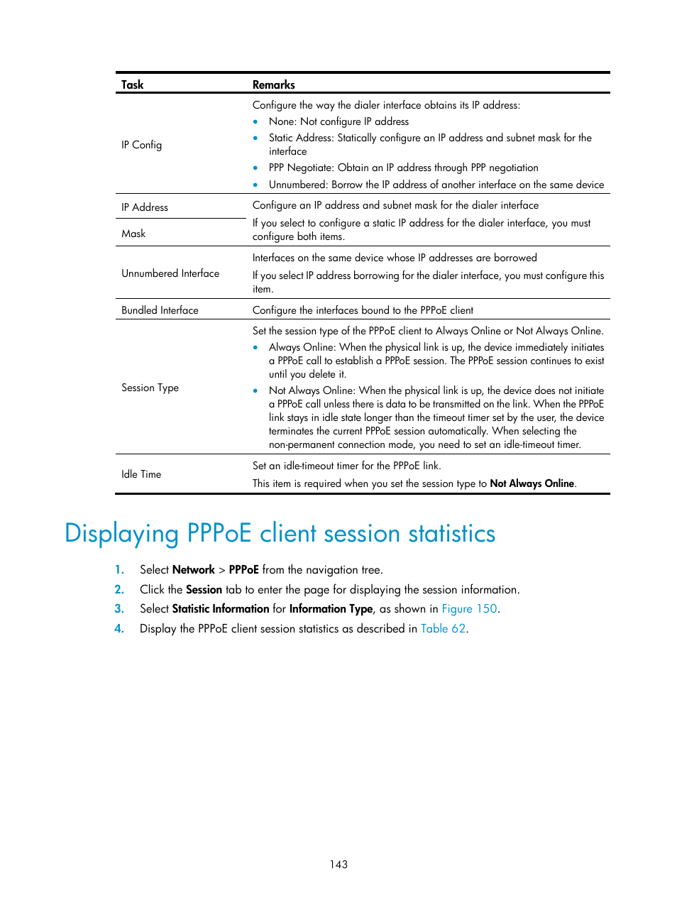 Displaying pppoe client session statistics | H3C Technologies H3C WA3600 Series Access Points User Manual | Page 156 / 447