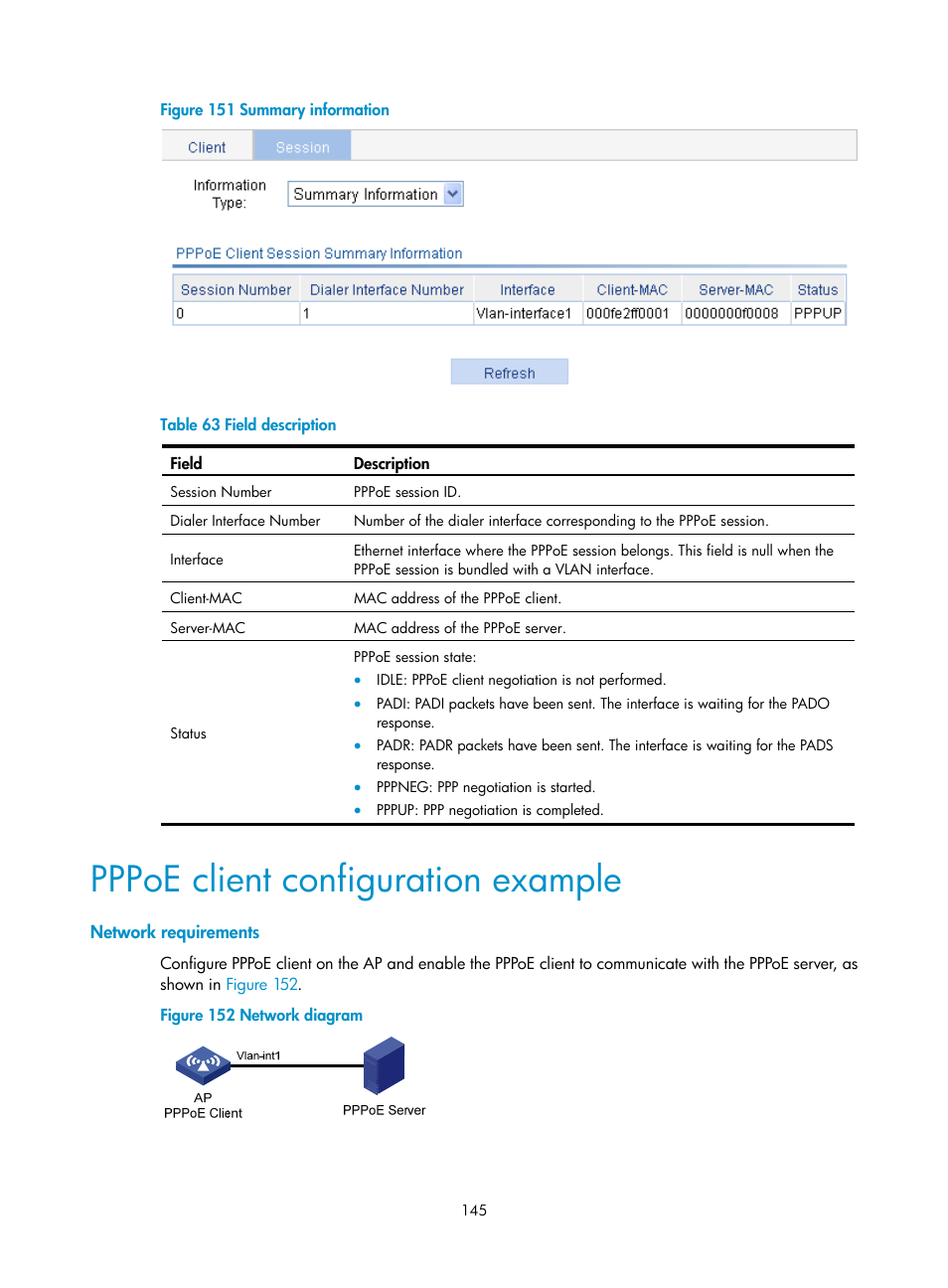 Pppoe client configuration example, Network requirements, Figure 151 | As described in, Table 63 | H3C Technologies H3C WA3600 Series Access Points User Manual | Page 158 / 447