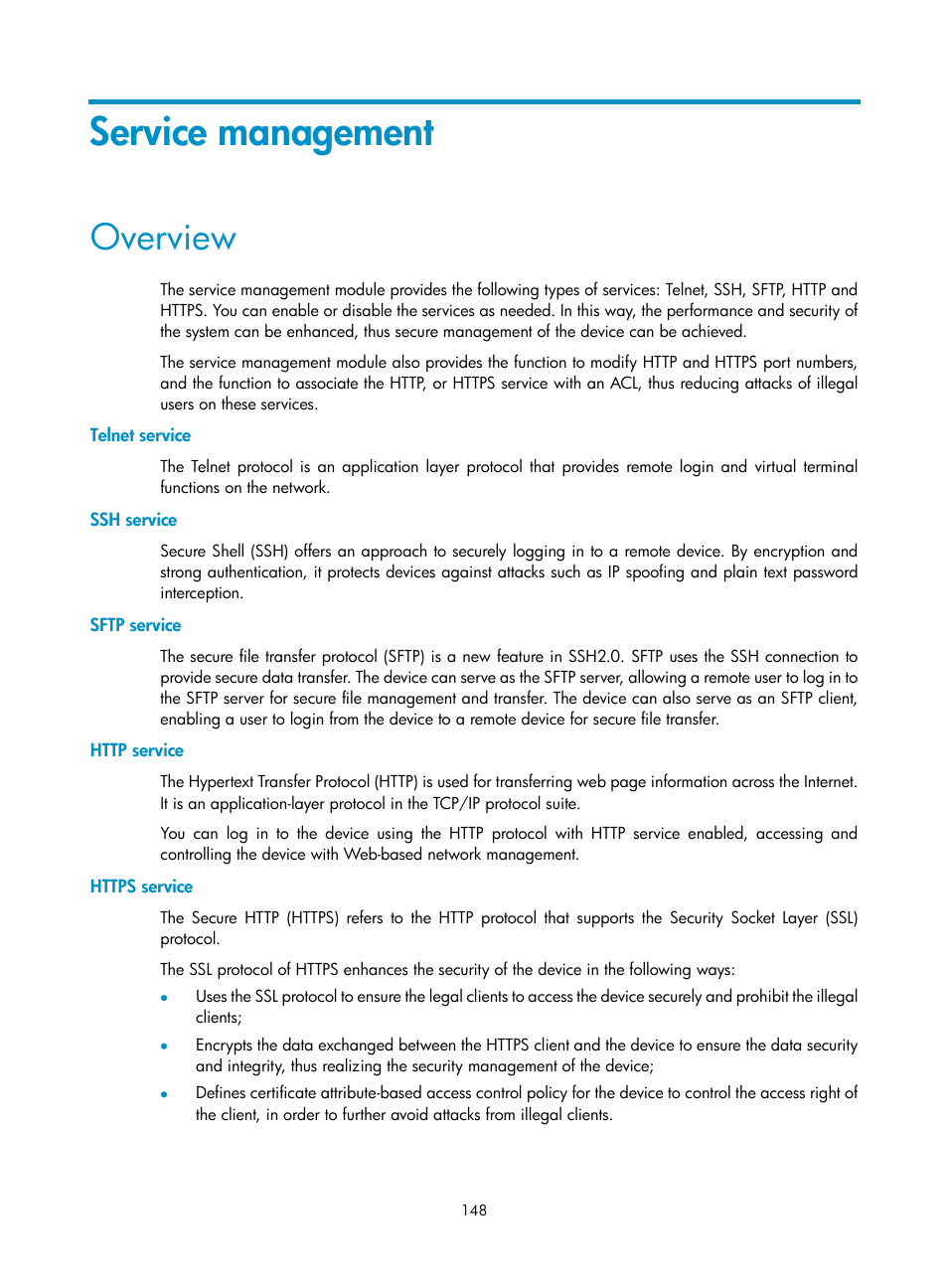 Service management, Overview, Telnet service | Ssh service, Sftp service, Http service, Https service | H3C Technologies H3C WA3600 Series Access Points User Manual | Page 161 / 447