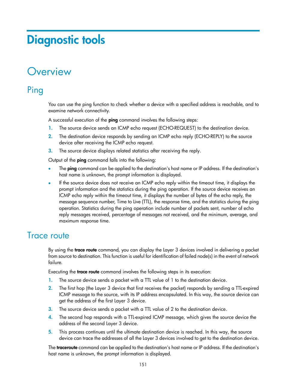 Diagnostic tools, Overview, Ping | Trace route | H3C Technologies H3C WA3600 Series Access Points User Manual | Page 164 / 447