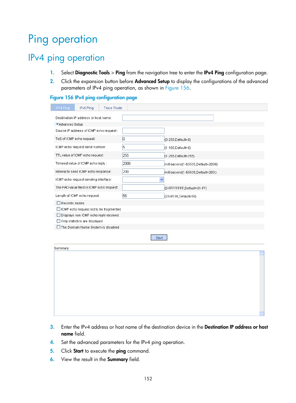 Ping operation, Ipv4 ping operation | H3C Technologies H3C WA3600 Series Access Points User Manual | Page 165 / 447