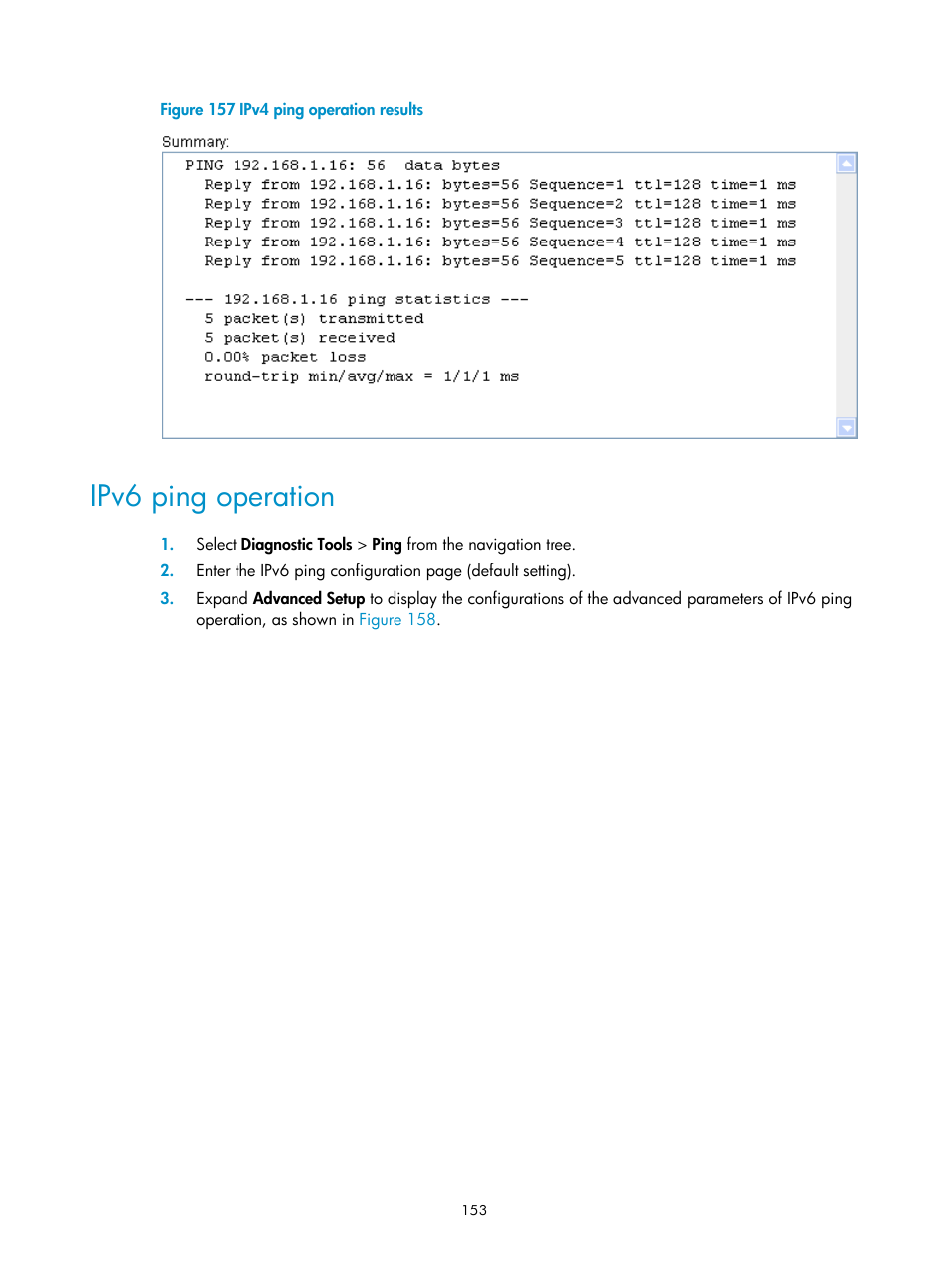 Ipv6 ping operation | H3C Technologies H3C WA3600 Series Access Points User Manual | Page 166 / 447