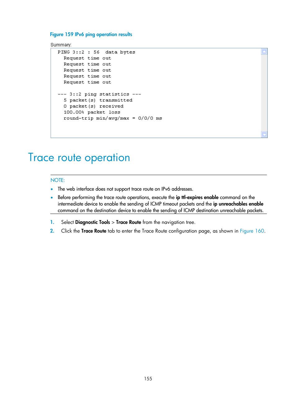 Trace route operation | H3C Technologies H3C WA3600 Series Access Points User Manual | Page 168 / 447