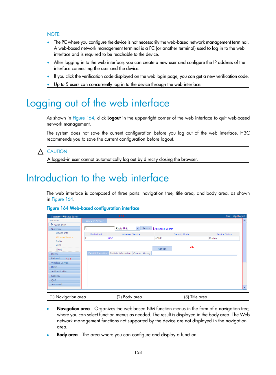 Logging out of the web interface, Introduction to the web interface | H3C Technologies H3C WA3600 Series Access Points User Manual | Page 171 / 447