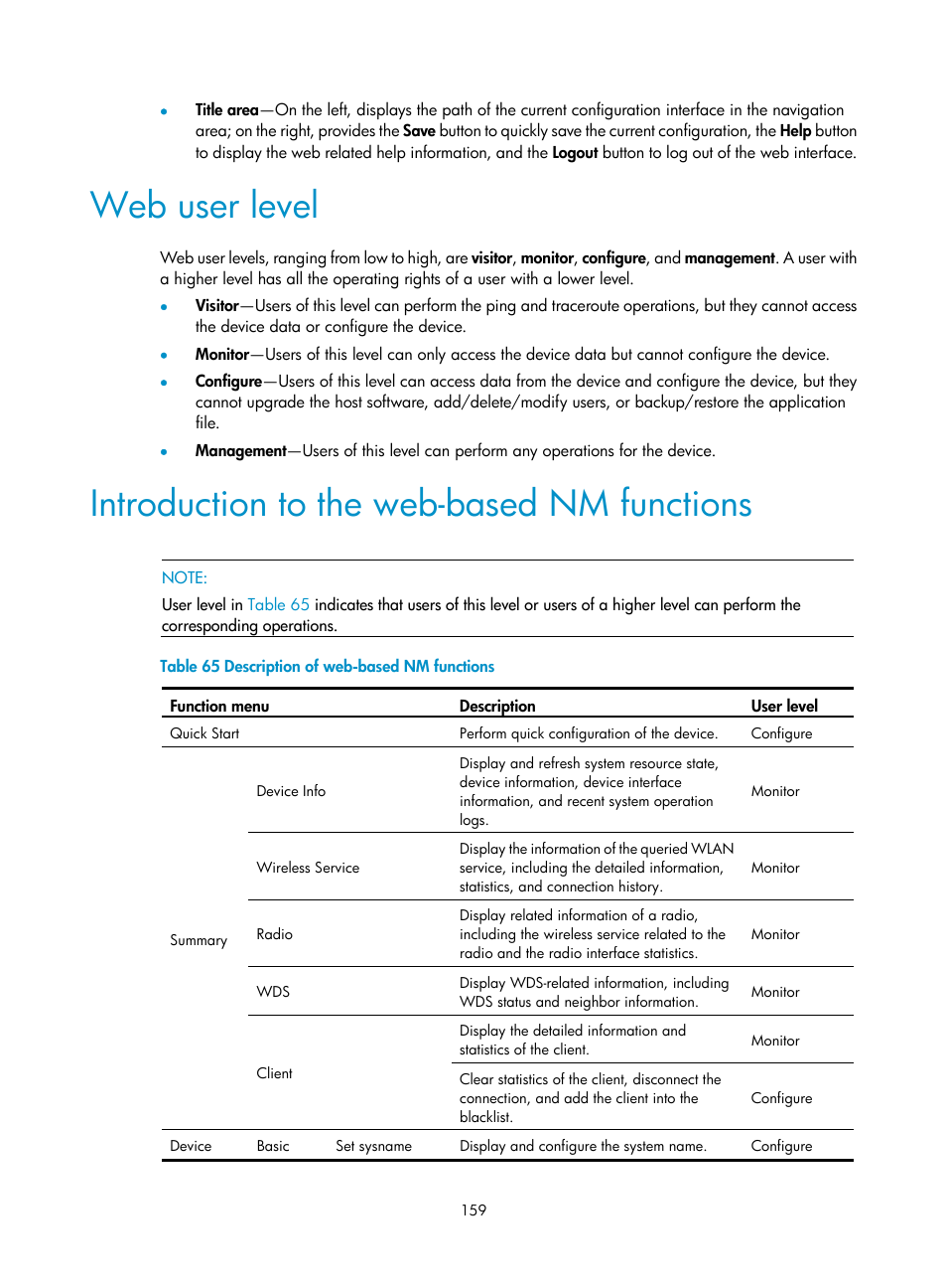 Web user level, Introduction to the web-based nm functions | H3C Technologies H3C WA3600 Series Access Points User Manual | Page 172 / 447