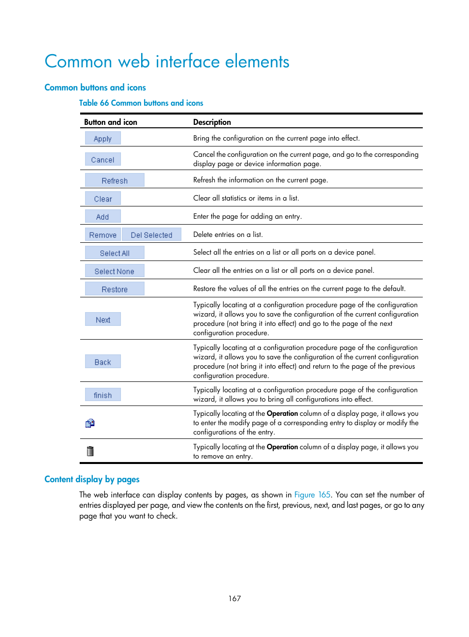 Common web interface elements, Common buttons and icons | H3C Technologies H3C WA3600 Series Access Points User Manual | Page 180 / 447