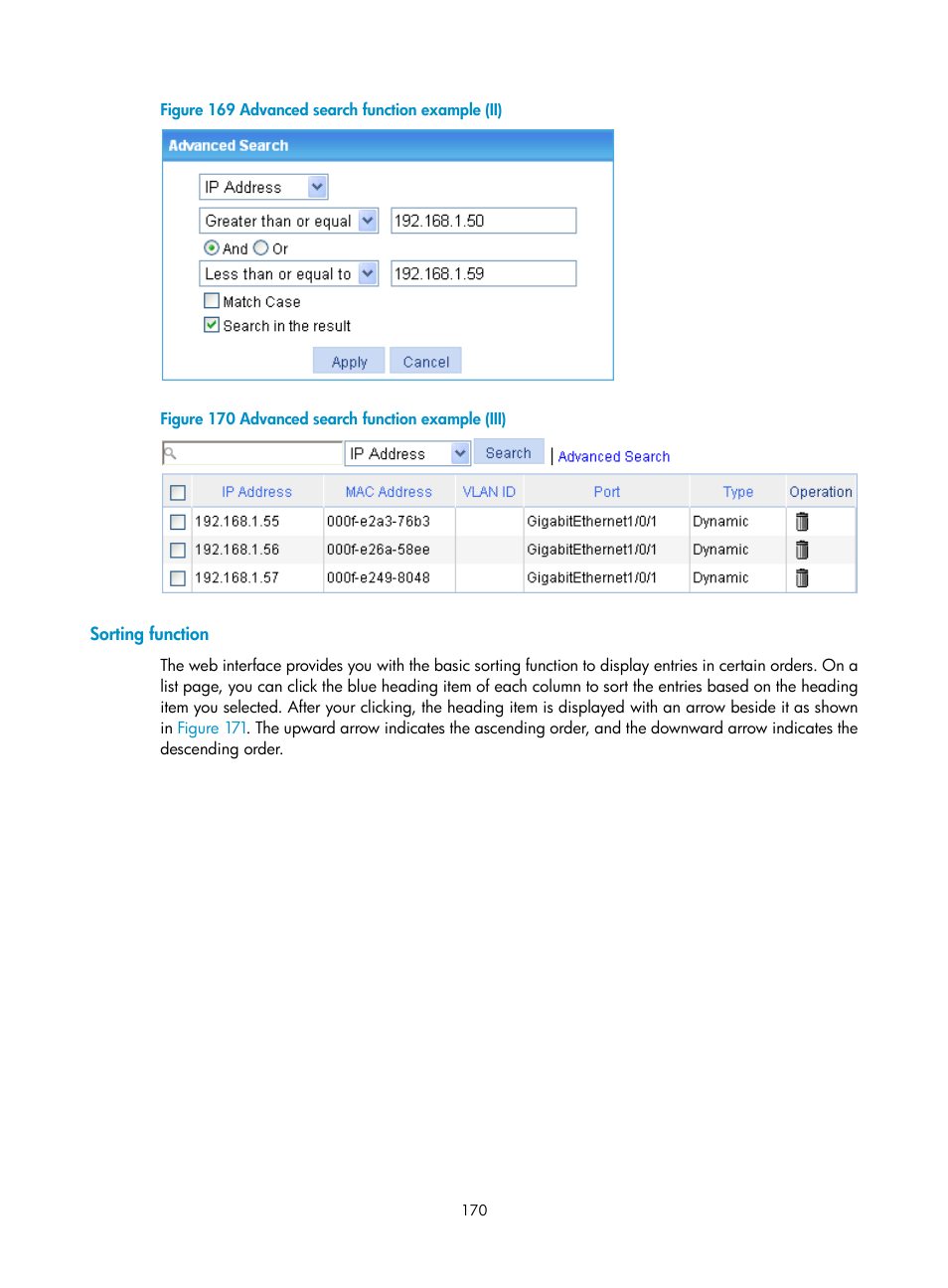 Sorting function, Figure 169, Figure 170 | H3C Technologies H3C WA3600 Series Access Points User Manual | Page 183 / 447