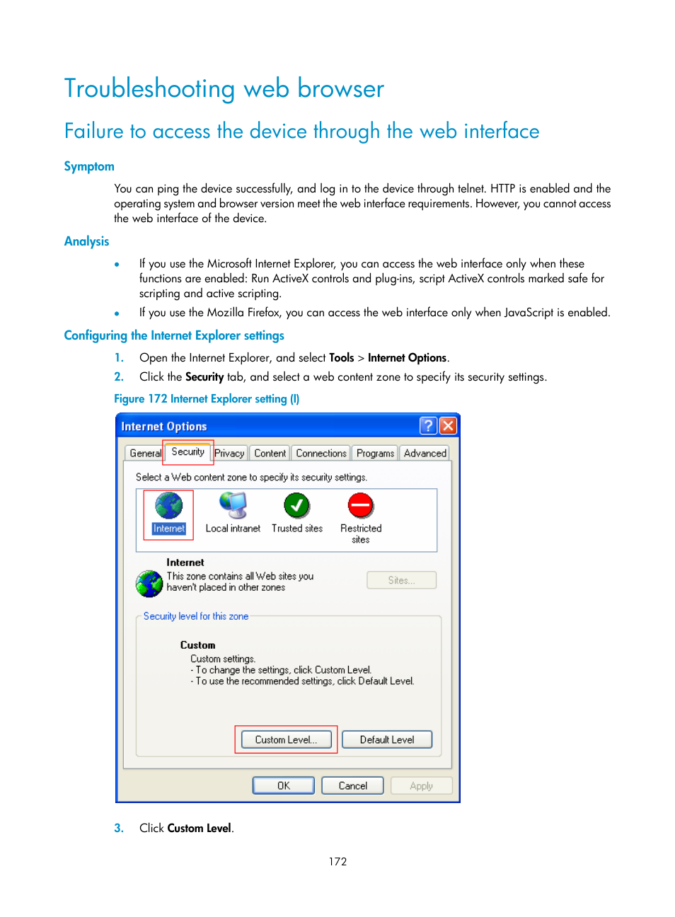 Troubleshooting web browser, Symptom, Analysis | Configuring the internet explorer settings | H3C Technologies H3C WA3600 Series Access Points User Manual | Page 185 / 447