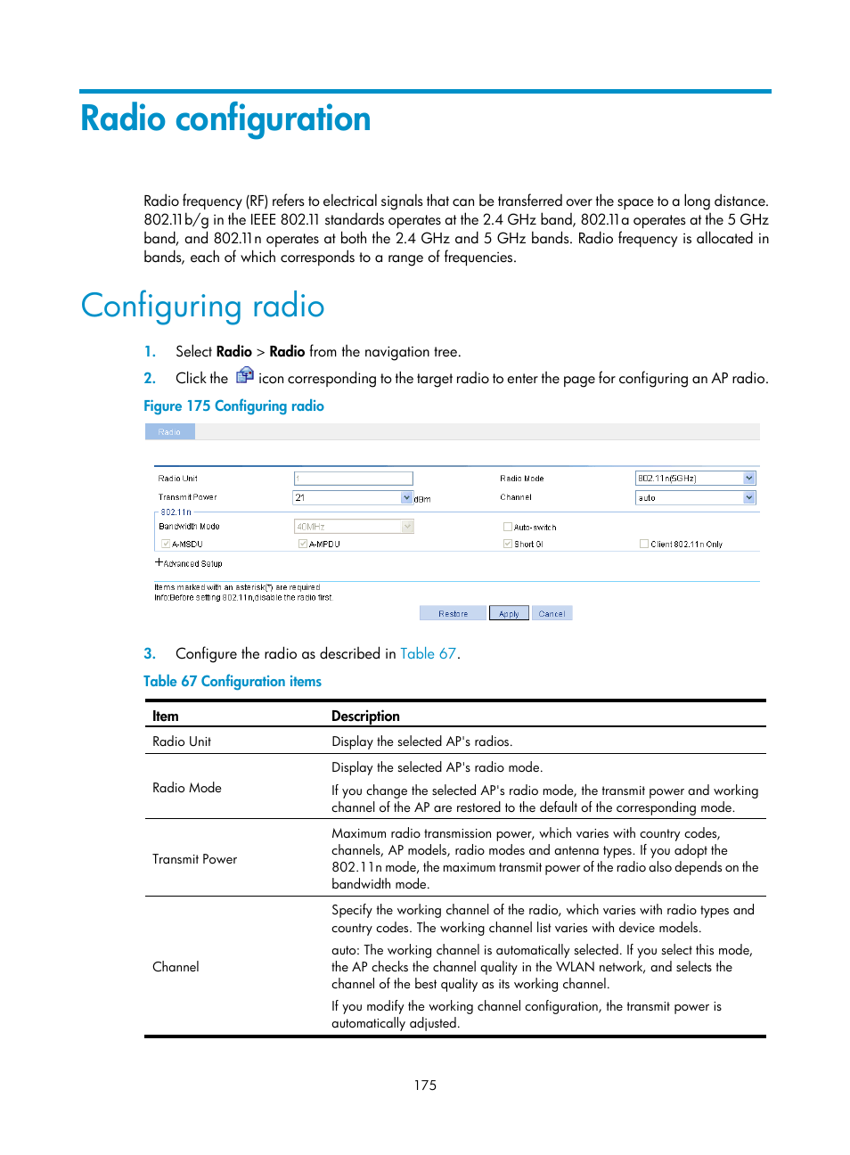 Radio configuration, Configuring radio | H3C Technologies H3C WA3600 Series Access Points User Manual | Page 188 / 447