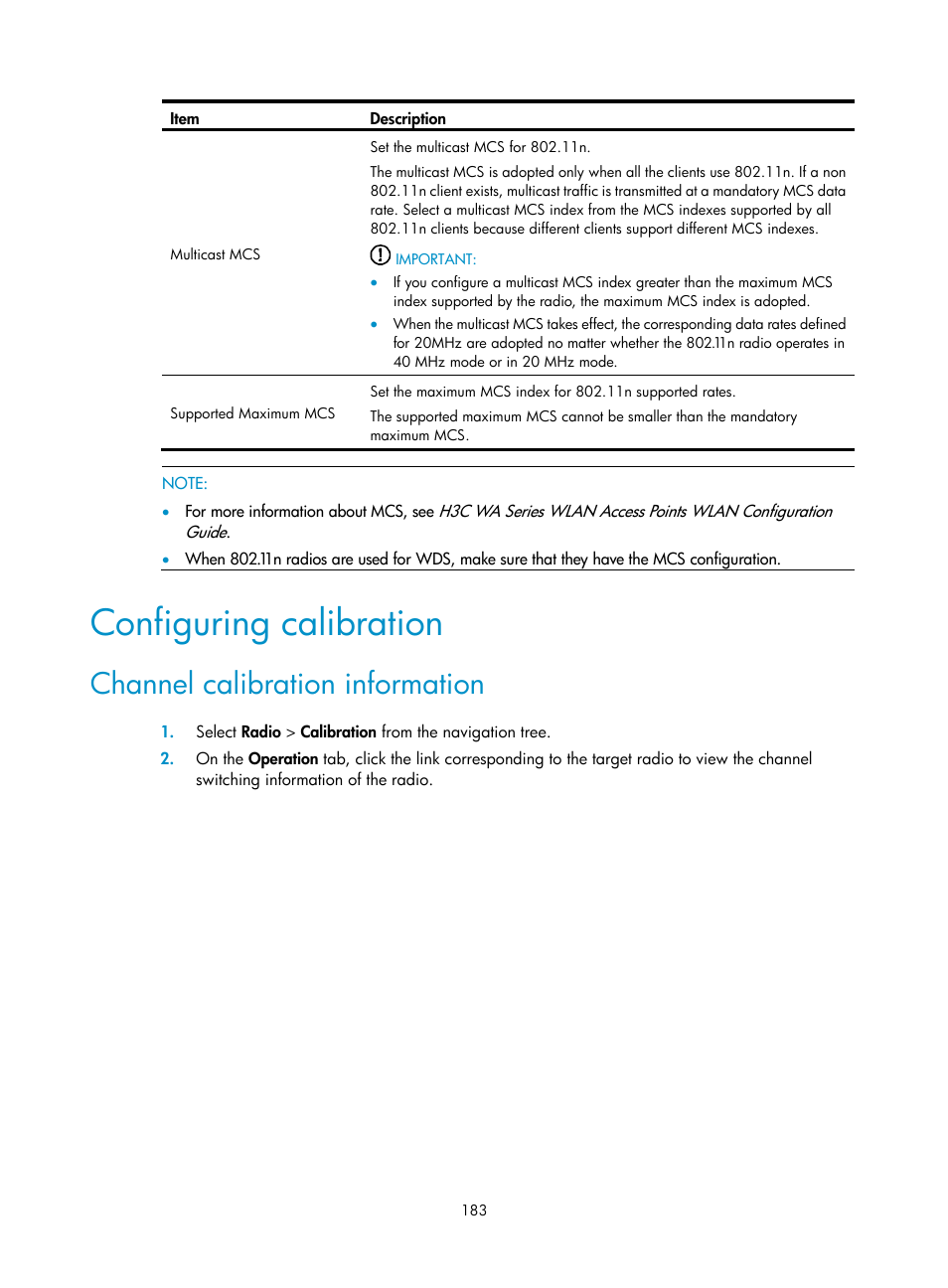 Configuring calibration, Channel calibration information | H3C Technologies H3C WA3600 Series Access Points User Manual | Page 196 / 447