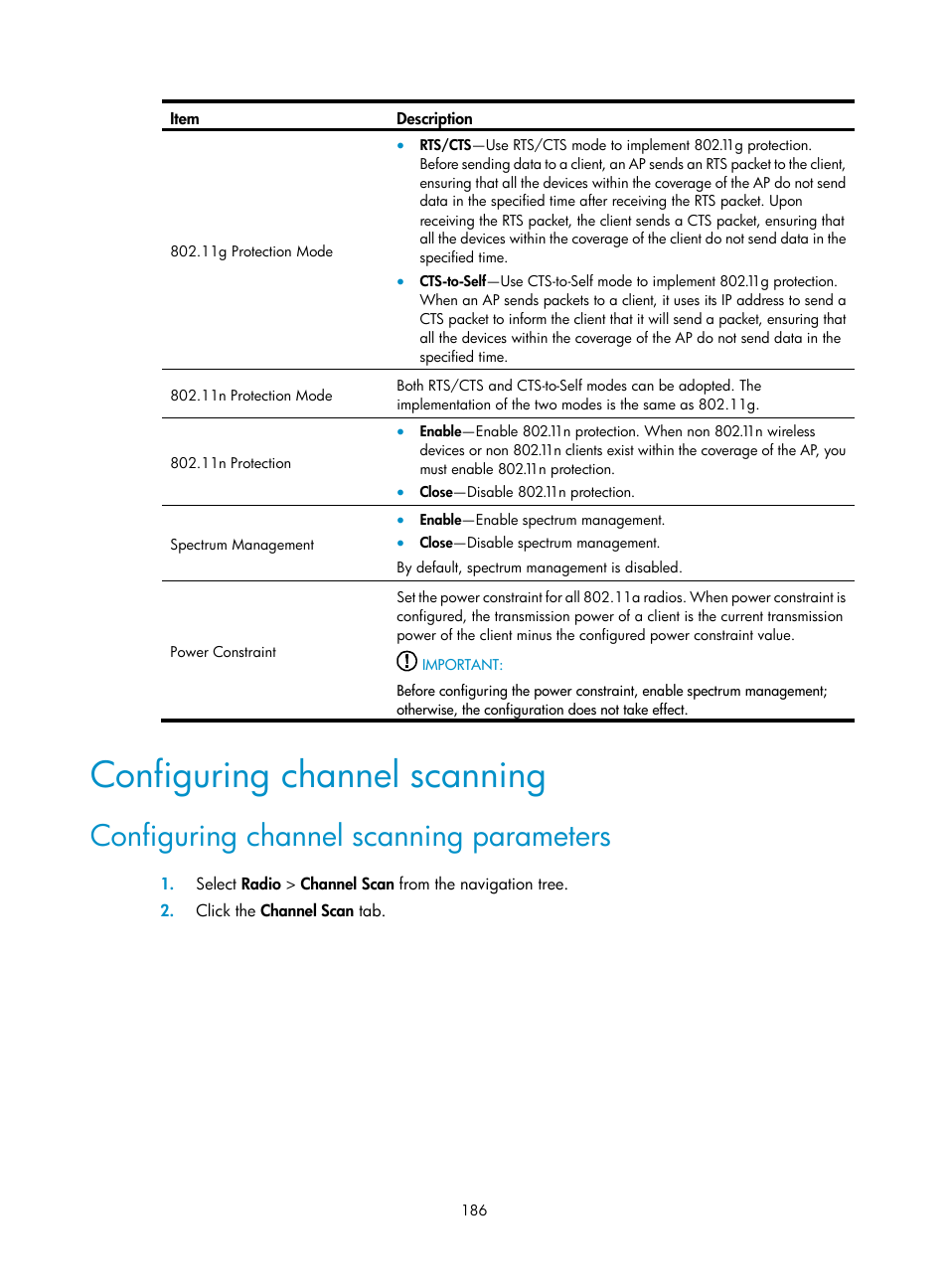 Configuring channel scanning, Configuring channel scanning parameters | H3C Technologies H3C WA3600 Series Access Points User Manual | Page 199 / 447