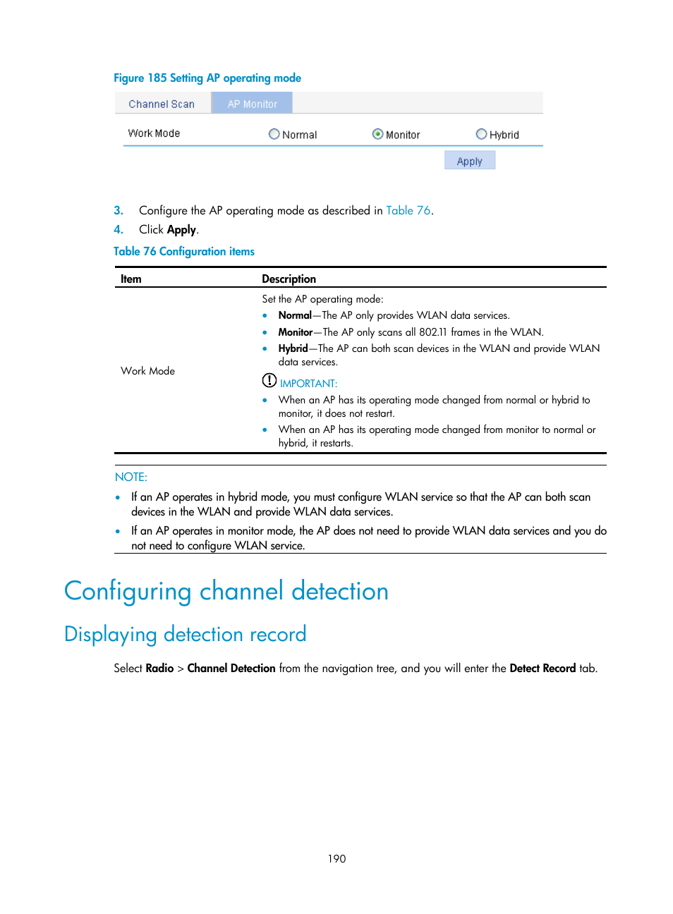 Configuring channel detection, Displaying detection record | H3C Technologies H3C WA3600 Series Access Points User Manual | Page 203 / 447