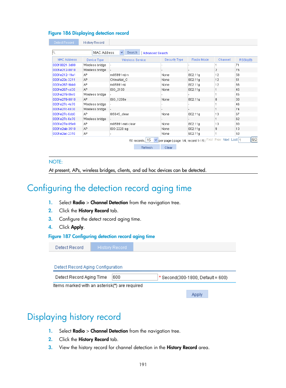 Configuring the detection record aging time, Displaying history record | H3C Technologies H3C WA3600 Series Access Points User Manual | Page 204 / 447