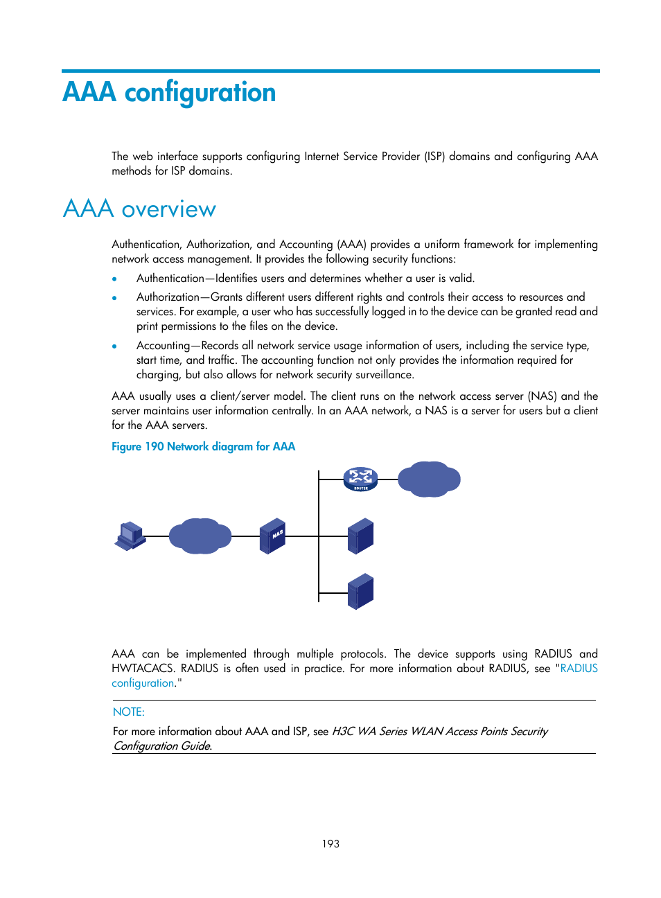 Aaa configuration, Aaa overview | H3C Technologies H3C WA3600 Series Access Points User Manual | Page 206 / 447