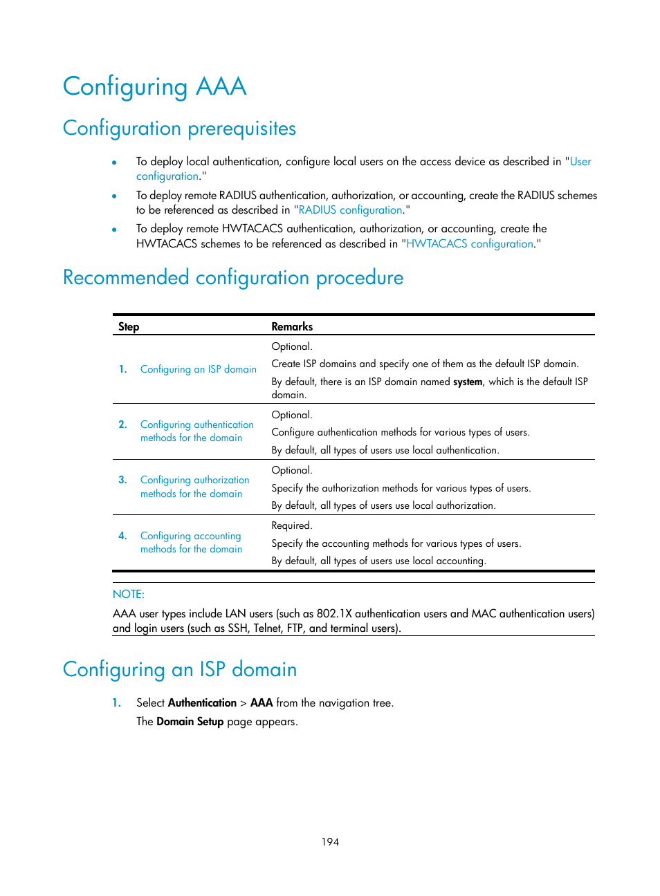 Configuring aaa, Configuration prerequisites, Recommended configuration procedure | Configuring an isp domain | H3C Technologies H3C WA3600 Series Access Points User Manual | Page 207 / 447