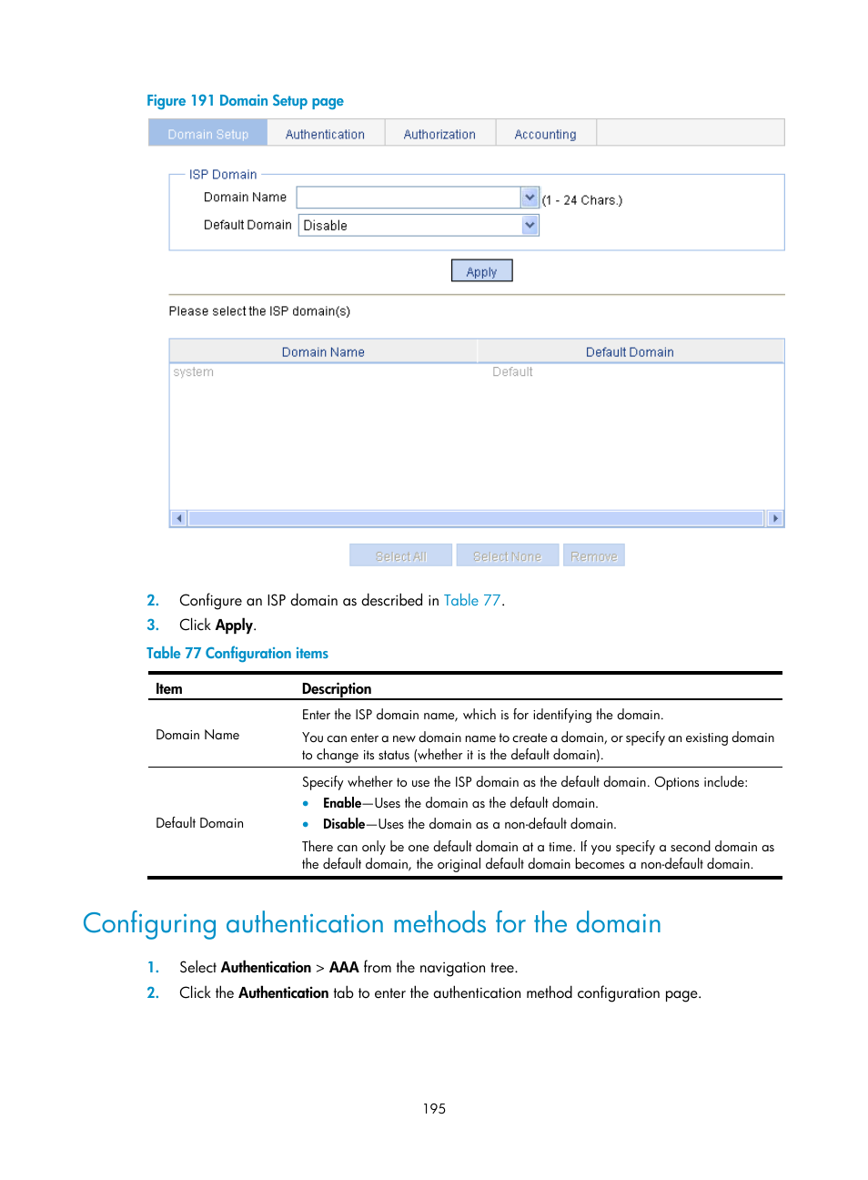 Configuring authentication methods for the domain, Configuring authentication, Methods for the domain | H3C Technologies H3C WA3600 Series Access Points User Manual | Page 208 / 447