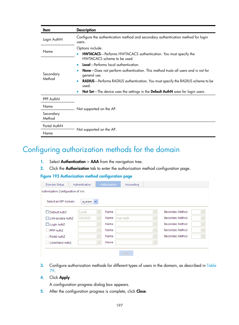 Configuring authorization methods for the domain, Configuring authorization, Methods for the domain | H3C Technologies H3C WA3600 Series Access Points User Manual | Page 210 / 447