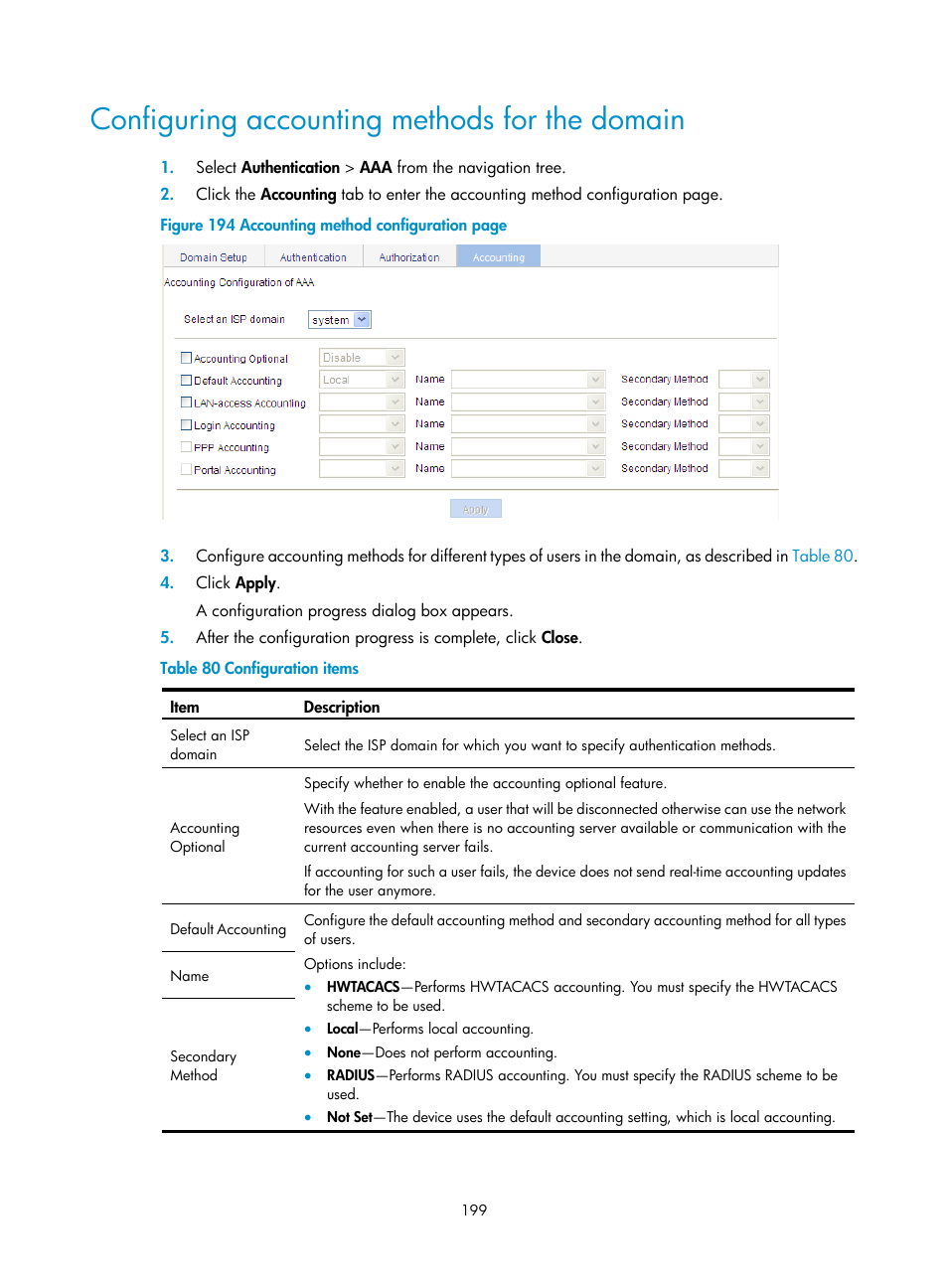 Configuring accounting methods for the domain, Configuring accounting, Methods for the domain | H3C Technologies H3C WA3600 Series Access Points User Manual | Page 212 / 447