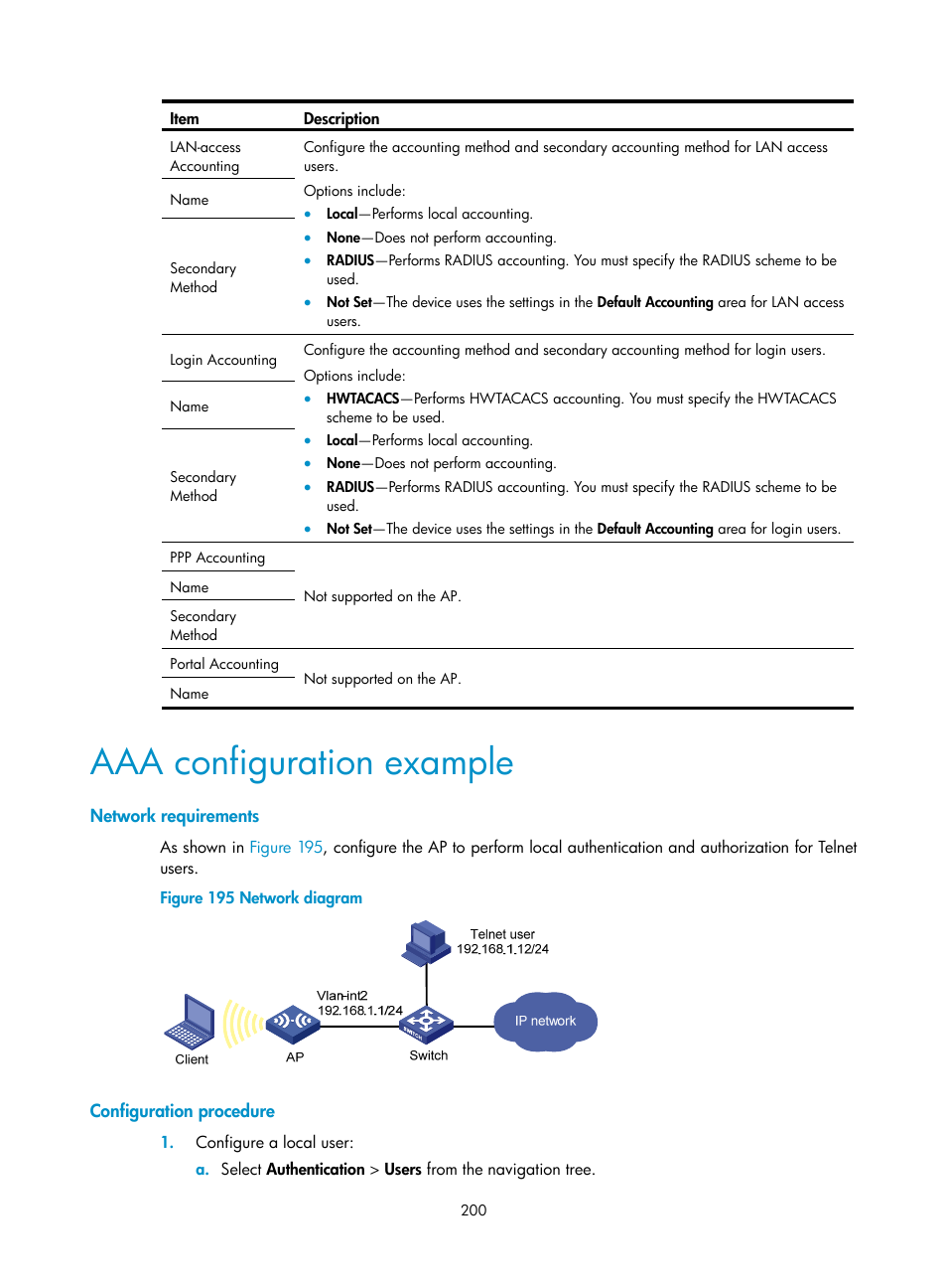 Aaa configuration example, Network requirements, Configuration procedure | H3C Technologies H3C WA3600 Series Access Points User Manual | Page 213 / 447