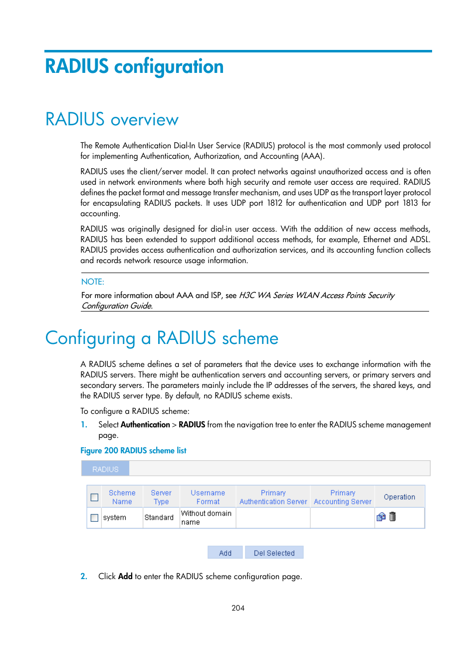 Radius configuration, Radius overview, Configuring a radius scheme | H3C Technologies H3C WA3600 Series Access Points User Manual | Page 217 / 447