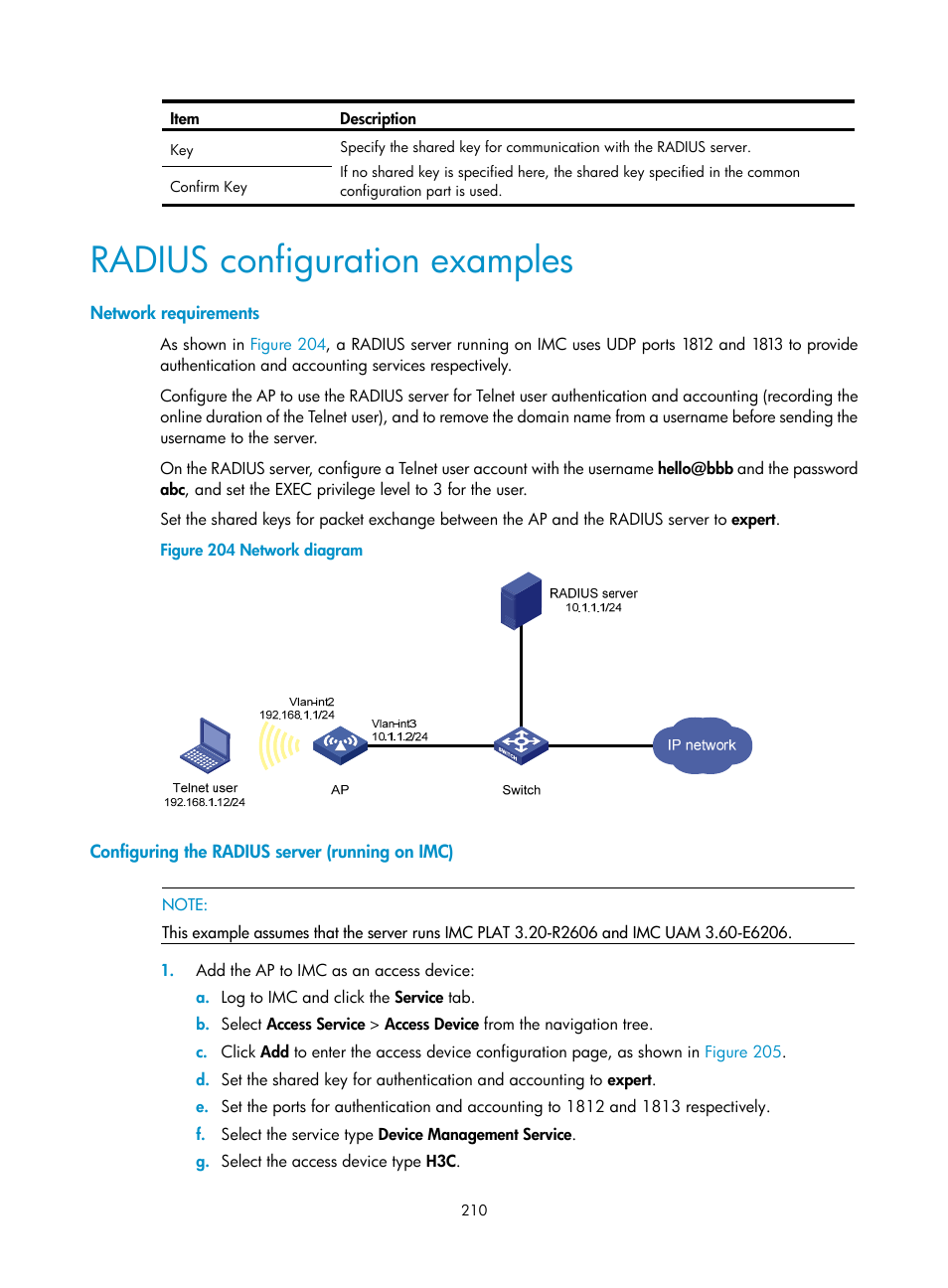 Radius configuration examples, Network requirements, Configuring the radius server (running on imc) | H3C Technologies H3C WA3600 Series Access Points User Manual | Page 223 / 447